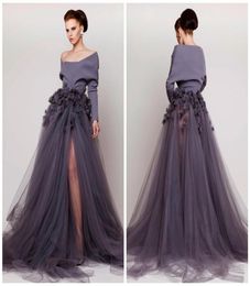 Off Shoulder Red Carpet Dress Hand Made Flower Long Sleeve Side Split Tulle Evening Dresses Azzi Osta Fashion Sexy Sweep Train P3211380