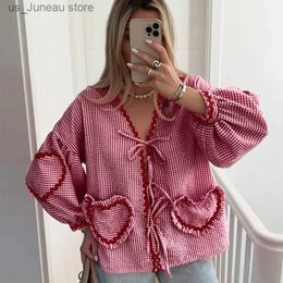 Women's Blouses Shirts Lace Up Shirts Women Elegant Loose Cute Love Top Female 2024 Spring Summer V-neck Long Slve Chic Soft Cotton Shirt Lady 1 T240415