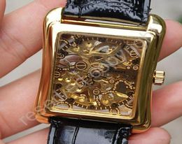 Relogio Masculino Relojes black leather Gold Skeleton Hand Wind Mechanical Watch Unisex Women dress Watches Brand Winner5926858