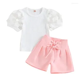 Clothing Sets Toddler Baby Girl Summer Clothes Floral Mesh Short Sleeve Ribbed T-shirt Top Tie Up Shorts 2Pcs Outfit