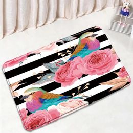 Bath Mats Pink Flowers Black White Striped Home Decor Entrance Bedroom Door Rug Bathroom Floor Mat Bathtub Non-slip Foot Carpet