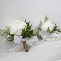 Decorative Flowers White Rose Wrist Corsage For Men Wristlet Band Boutonniere Set Wedding Flower Prom Suit Decor Accessories