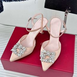 End Quality 2024 New High Diamond Square Buckle Pointed Sandals Fashionable Slim Heel Side Open One Line Women's Shoes