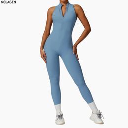 NCLAGEN Zipper Yoga Bodysuit Fitness Training Sports Tight Clothing Gym Workout Sexy Halter Pants Jumpsuit For Women Running 240401