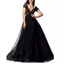 Sexy V-neck Prom Dresses 2024 Glamorous Black Lace Top Short Sleeves Formal Evening Dress Hot Sale Prom Party Gowns Custom Made