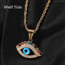 Top Quality Hip Hop Hiphop New Stainless Steel Blue Evil Eye Pendant Necklace Creative Niche Coloured Diamond Sweater Chain Bling Crystal Rapper Necklaces Collar