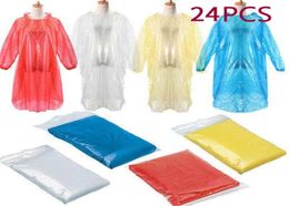 Raincoats 24Pcs Disposable Adult Emergency Waterproof Rain Coat Poncho Hiking Camping Hood Outdoor Antiwet Long Rainwear3696735