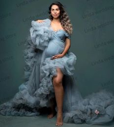 Dusty Blue Maternity Dresses for Baby Shower One Shoulder High Low Photo Shoot Pregnant Women Gowns For Fotos Lingerie Bathrobe