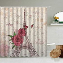 Shower Curtains Romantic Paris Architecture Rose Cherry Blossom Flower Curtain Iron Tower Literary Style Hanging Waterproof Cloth Screen