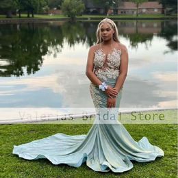 Elegant Mermaid Prom Dress 2024 for Black Girls Satin Appliques Beads Illusion Sexy Graduation Party Gowns Vestidos De Noche