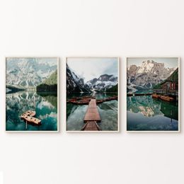 Mountain Lake Landscape Canoe Nature Posters Canvas Printing Decor Nordic Photography Dolomites Cabin Large Wall Art Home Decor