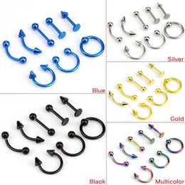 8Pcsset Steel Eyebrow Lip Nose Hoop Nostril Ear Tongue Piercing Set Piercings Ring Body Jewellery For Women Men Stud 240409