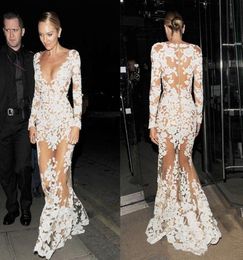 Sexy See Through Lace Appliques Mermaid Evening Dresses Deep V Neck Long Sleeves White Celebrity Dresses Zuhair Murad Dress Prom P2551484