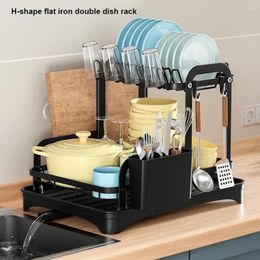 Kitchen Storage 2 Tier Dish Drying Rack With Drip Tray 360Degree Retractable Drain Cutting Board Sink Organizer Tableware Holder