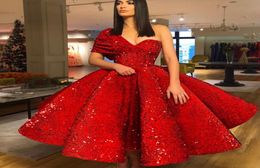 Sparkling One Shoulder Prom Dress Luxury Red Sequined Short Sleeve Celebrity Party Dress Sexy Ankle Length Formal Ball Gown Evenin4390916