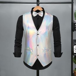 Men Fantasy Colour Vest Elegant Men's Vest Bow Tie Set for Retro Disco Groom Wedding Party Glossy V Neck Waistcoat