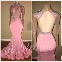 2022 Modest High Neck Long Sleeves Prom Dresses Mermaid Applique Sequins Sexy Open Back Evening Party Gowns Robe de soriee Custom 8205699