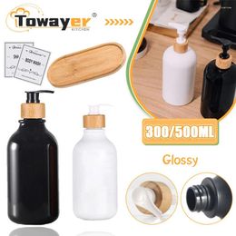 Liquid Soap Dispenser Refillable Bottle Shampoo Shower Gel Bamboo Wood Pump Bathroom Lotion Storage Container And Sticker