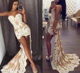 High Low Champagne Sexy Prom Dresses with White Lace Applique Bodice Vestidos De Festa Sweetheart Sleeveless Maid of Honor Dress8674852