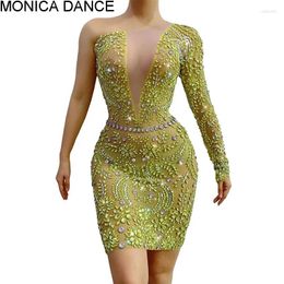 Stage Wear Women Sexy Rhinestones Transparent Mesh Dress Evening Birthday Celebrate Outfit Performance Dancer Party Show
