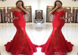 New Arrival Sweetheart Red Lace Evening Dresses Long Mermaid Spaghetti Straps Backless Prom Dress Party Gowns for Holidays5752646