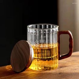 Wine Glasses Wood Handle Striped Glass Mug With Lid And Philtre Tea Water Separation Infuser Heat-resisting Office Cups