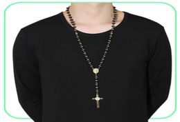 Blackgold Farbe Lange Rosenkranz Halskette für Männer Frauen Edelstahl Perlenkette Cross Anhänger Frauen039S Men039S Geschenk Schmuck 4613280