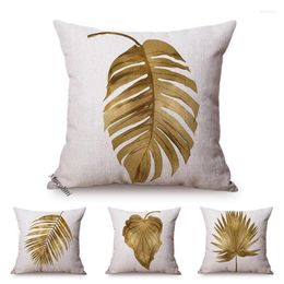 Pillow Golden Leaf Style Cotton Linen Cover Nordic Hand-Painted Leaves Luxury Harmony Home Decor Sofa Chair Case Cojines