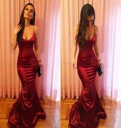 2019 Sexy Spaghetti Straps Burgundy Mermaid Evening Dresses Custom Long Satin Backless Cheap Prom Gowns Simple Party Dress2781700