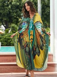 Basic Casual Dresses Fashion V Neck Butterfly Printing Long Slve Plus Size Kaftans Maxi Dresses 2024 Summer/Autumn Women Beach House Dress Q1588 1 T240415