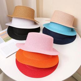 Berets Women Straw Hat Sun Protection Anti-UV Wide Brim Flat Top Foldable Outdoor Camping Cap Vacation Beach