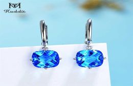 Kuololit Checkboard Blue Crystal Gemstone Drop Earrings for Women Solid 925 Sterling Silver 1010 Cushion Jewerly Party 2201085830290