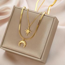 Chains Trend Design Sense Double Hexawn Star Moon Necklace Female Collarbone Chain Network Red Ins Simple Cold Wind Multi-layer C