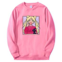 Women's Hoodies Sweatshirts 2024 New Sailor Moon Anime Girl Hoodie Men Women Harajuku Kawaii Cute Pink Sweatshirts Loose Harajuku Round Neck Streetwear 240413