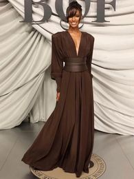 Casual Dresses For Ladies From 50 To 60 Years Fashion Elegant Long Sleeve V Neck With Belts Maxi Celebrity Evening Party Gowns