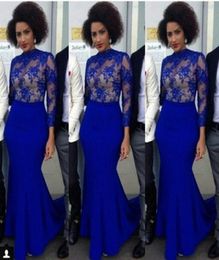 Royal Blue Arabic Dresses Evening Wear Jewel Sheer Neck Long Sleeves Prom Dresses Lace nigerian lace style asoebibell Cocktail Eve1409156