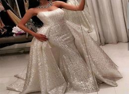 2018 Bling Ball Gown Prom Dresses with Sweetheart Neckline Sweep Train Sleeveless Glitter Glued Lace Detachable Overskirt Evening 3332434