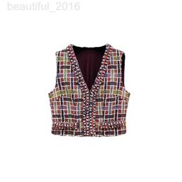 Women's Vests designer Heavy Industry Beaded Weaving Ribbon Colourful Plaid Rough Tweed Vest South Oil High Quality Small Fragrant Wind Woollen Sleeveless Coat 9KO6