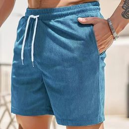 Men's Shorts Summer Leisure Mens Corduroy Fashion Solid Color Loose Straight Short Pant For Men Beach Casual Drawstring Lace-up