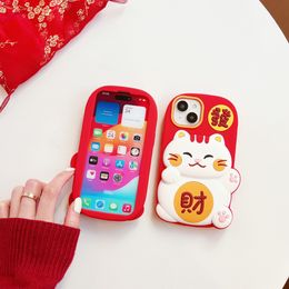 3D Cute Lucky Kitty Cat Chinese New Year Red Soft Rubber Phone Case for iPhone 15 14 13 12 11 Pro Max Get Rich Shockproof Cover