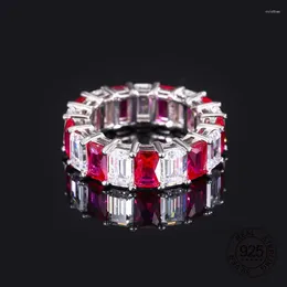 Cluster Rings 925 Sterling Silver Fine Jewelry One Row Rectangle Shape Red Ruby And Clear Cubic Zircon Finger Ring