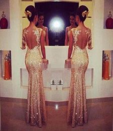 2019 Champagne Evening Dresses One Sleeve Long Sequins Evening Gowns Elegant Mermaid Formal Dress Party Evening Gowns New Arrival2285754