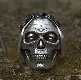 Goth Santa Muerte Ring Rose Crown Sugar Skull Stainless Steel Rings Womens Punk Biker Jewellery Unique Gift4598224