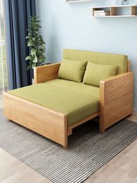 Foldable solid wood sofa bed, small unit, modern, simple, multifunctional, single or double living room, dual-purpose lazy