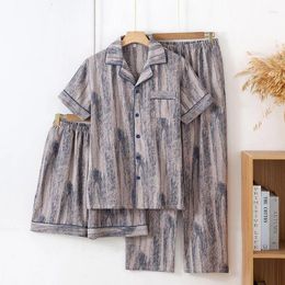 Home Clothing Summer Short-sleeved Thin Couple Pajamas Cotton Gauze 3-piece Wear Men's And Women's Ink Painting Shorts Long Pants Pijama