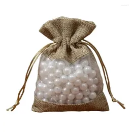 Gift Wrap Linen Jute Drawstring Bag With Clear Window Fabric For Jewellery Dry Flower Cosmetics Packaging