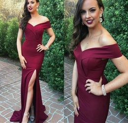 Zuhair Murad Burgundy Mermaid Prom Dresses Satin Off The Shoulder Side Split Sweep Train Cheap Bridesmaid Dress Evening Party Gorg3712011