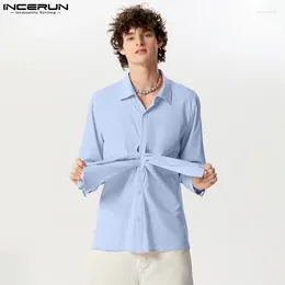Men's Casual Shirts INCERUN Tops 2024 American Style Handsome Men Tie Knot Design Fashion Solid All-match Long Sleeved Lapel Blouse S-5XL