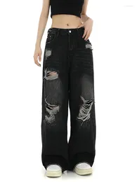 Women's Jeans Black Gothic Ripped High Waist Baggy Wide Leg Denim Pants Vintage Streetwear Korean Fashion Straight Summer