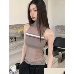 Womens Tanks Camis Korean Fashion Knitted Tank Tops Women Y2K Aesthetic Y See Through Turtleneck Grunge Striped Sleeveless Tees Drop D Otayk